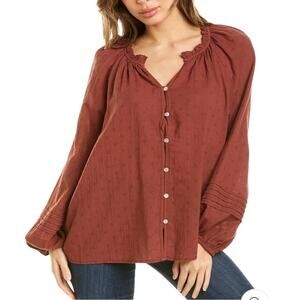 NWT Beachlunchlounge Rust Red Balloon Sleeve Dobby Cotton Button-Front Blouse L